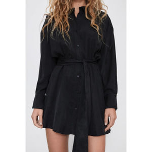 ZARA Lyocell Black Satin Shirt Dress New